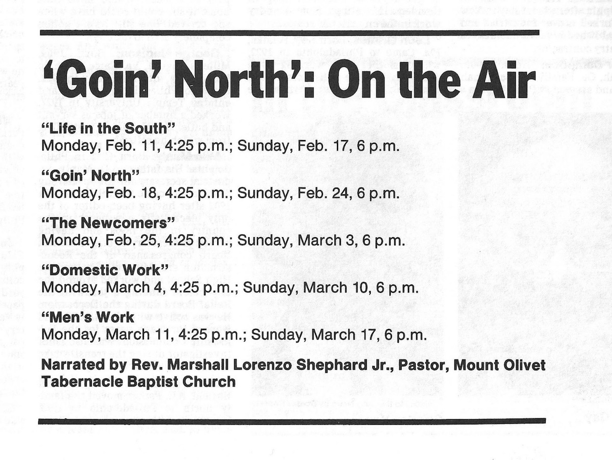 Program list, Goin' North radio documentary series, 1985
