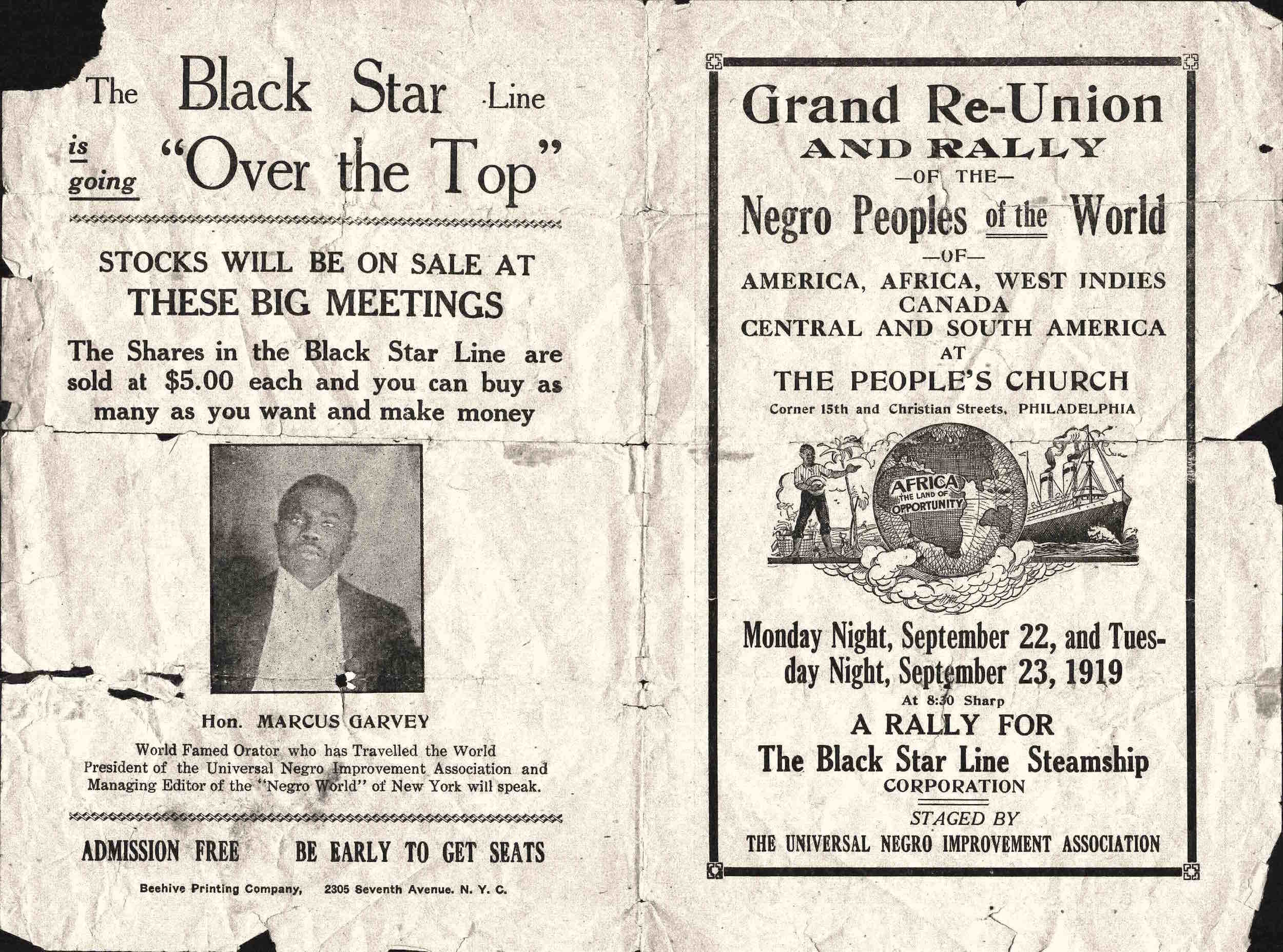 Flyer, U.N.I.A. Grand Reunion and Rally, Philadelphia, PA, 1919