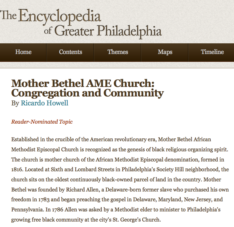 Ricardo Howell, "Mother Bethel AME Church: Congregation and Equality," The Encyclopedia of Greater Philadelphia