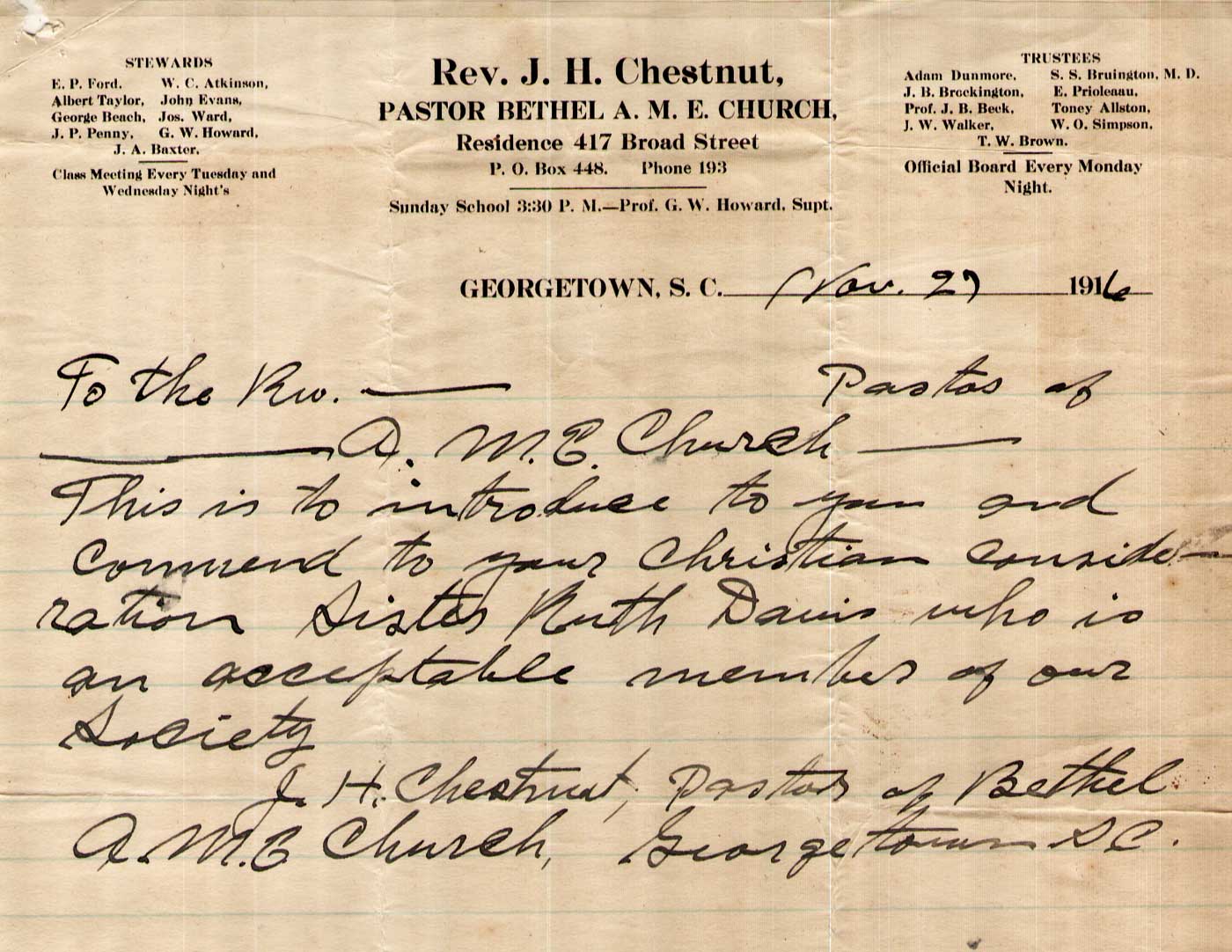 Transfer letter, A.M.E. Church, Georgetown South Carolina, 1916